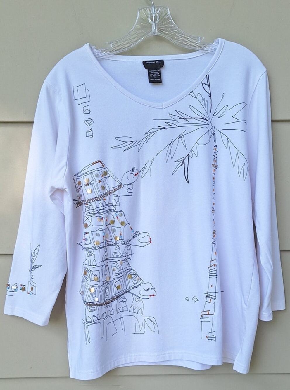 Morgan Cole Turtles and Palm Tree Sequin Beads 3/4 Sleeve White T shirt M Cotton